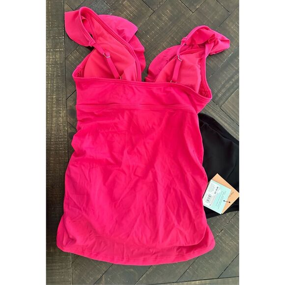 Shade & Shore Pink Ruffle Tankini Top and Black High Waisted Bottom Medium - Picture 3 of 6
